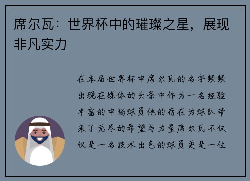 席尔瓦：世界杯中的璀璨之星，展现非凡实力